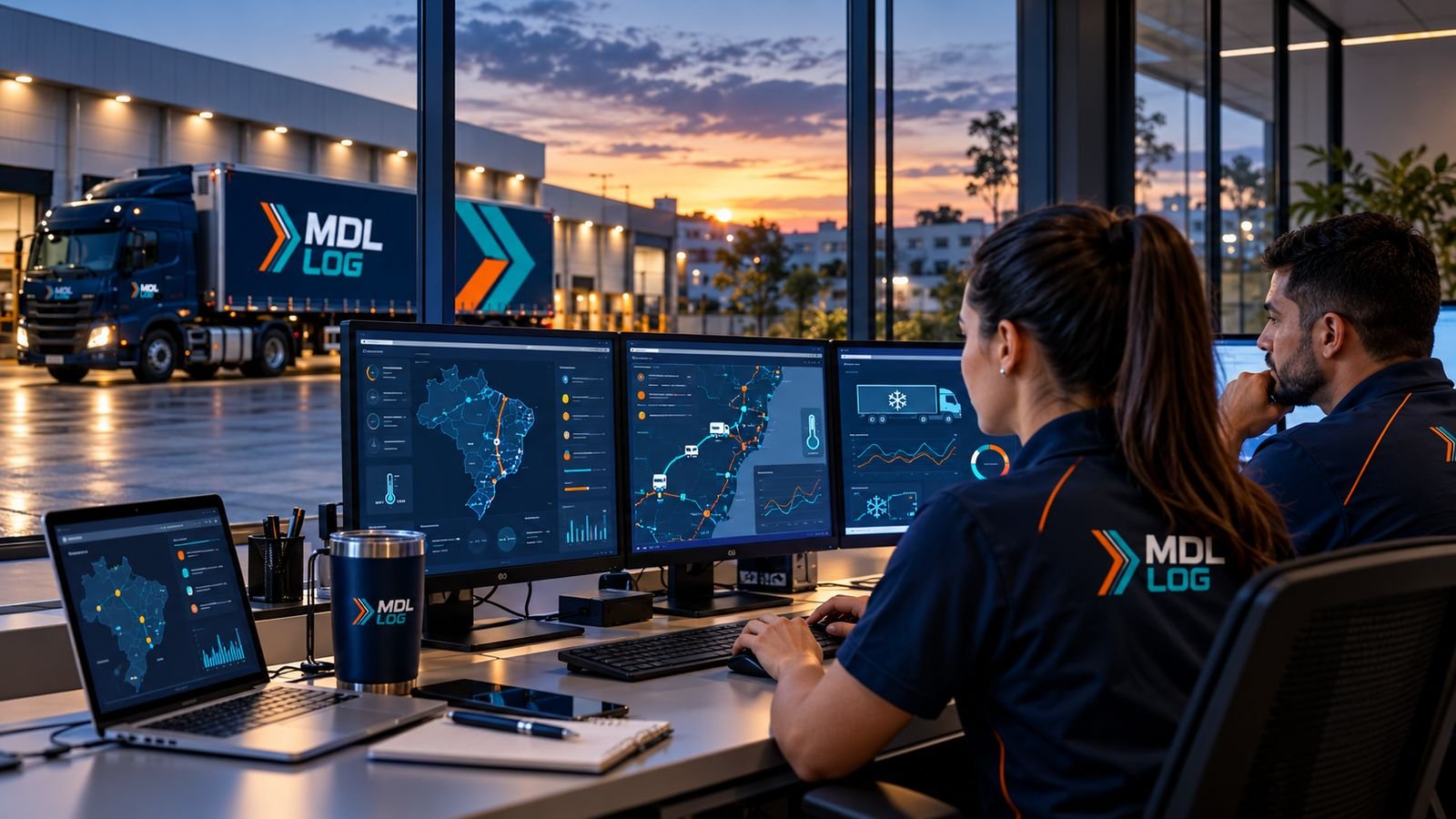 Equipe MDL LOG acompanhando operações e rotas em painéis de controle
