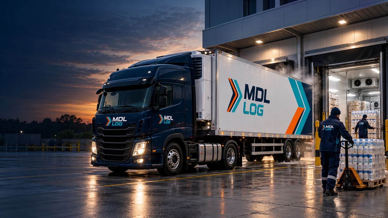 Caminhão refrigerado MDL LOG carregando laticínios em doca de câmara fria